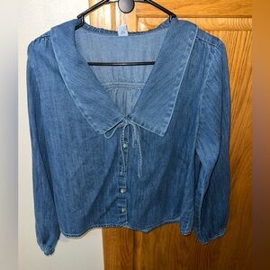 Old Navy Long Sleeve Denim Collared Blouse With Bow